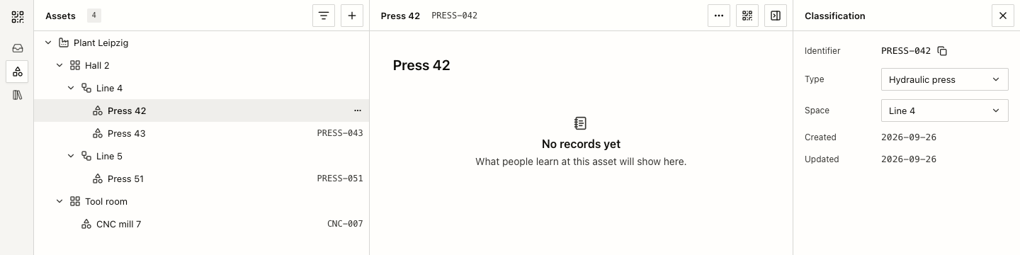 Press 42 sits on Line 4 in Hall 2, with its identifier and type next to it