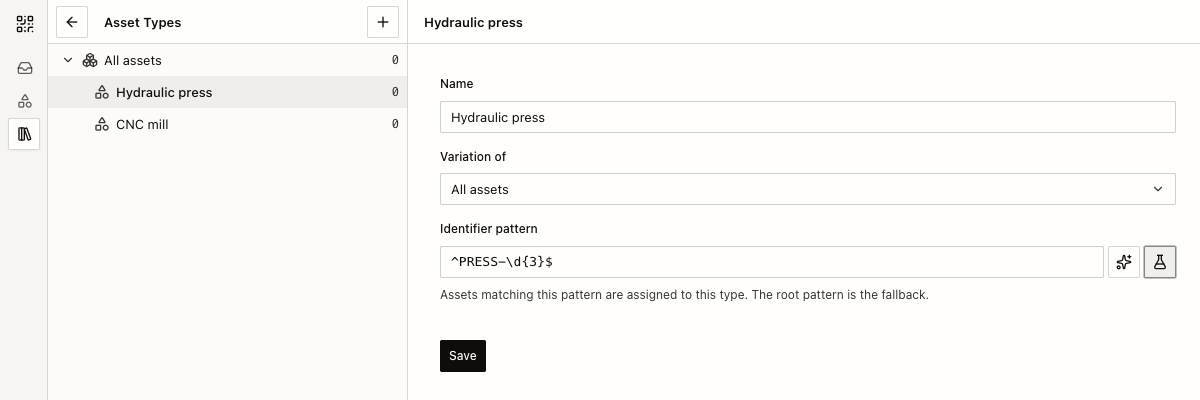 The Hydraulic press type accepts identifiers such as PRESS-042
