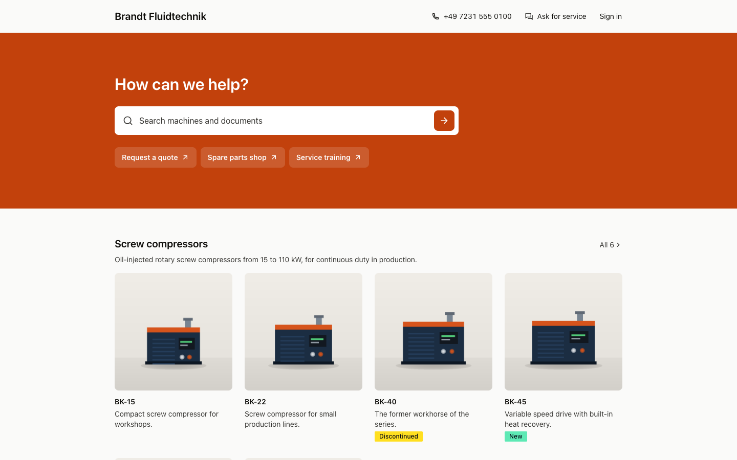 The Brandt Fluidtechnik portal shows its search and the catalog of screw compressors