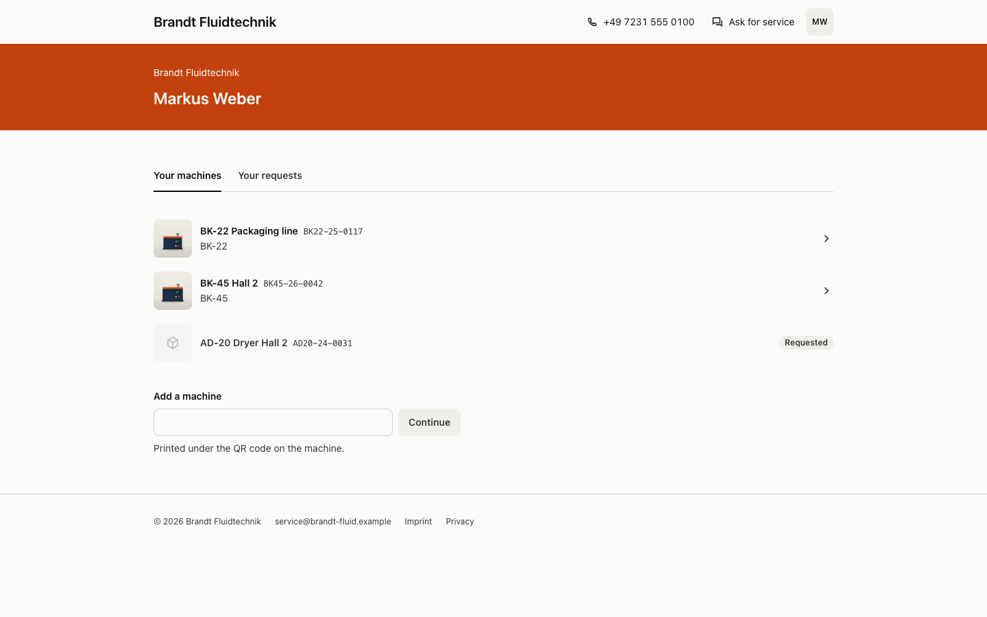 Markus Weber's Your machines page lists two machines and one access request