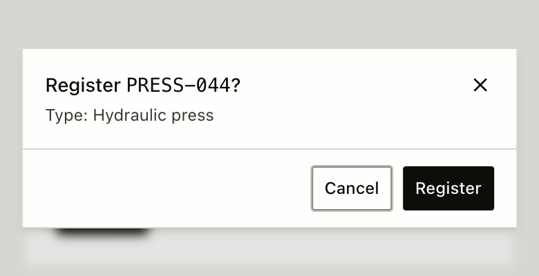 A scan of PRESS-044 asks to register it as a Hydraulic press