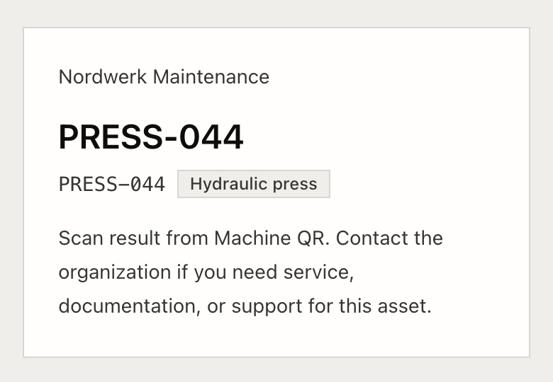 After registration, the scan shows PRESS-044 as a Hydraulic press of Nordwerk Maintenance